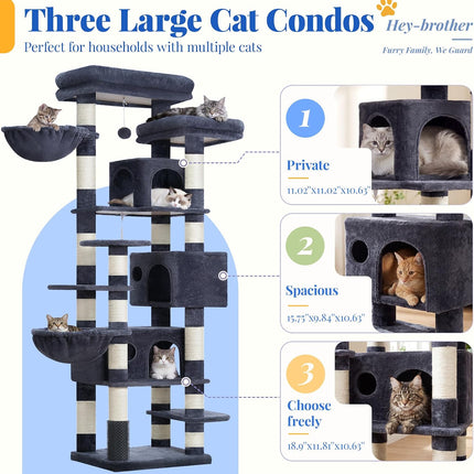 Hey-brother Cat Tree, Multi-Level Tower with 3 Condos, Hairbrush, MPJ035-MG