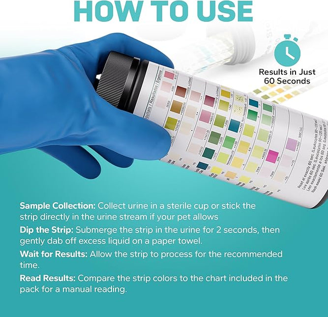 One Step Pet Urine Testing Strips, 100 x Urinalysis Parameter Tests for Dogs, Cats & Animals, Pet Test Glucose Strips, Accurate Testing for Vets, Detects UTI, Bladder, Kidney, Liver, SG, pH