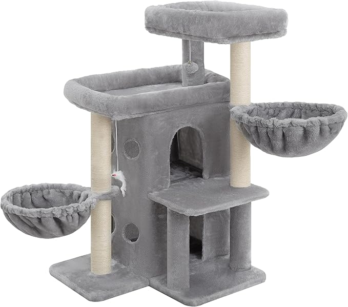Heybly Cat Tree with Reinforced Big Base, 105cm Sturdy Cat Tower for Indoor Cats, Light Gray