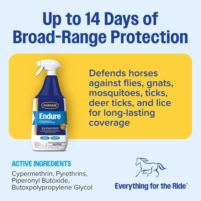 Farnam Endure Fly Spray for Horses, Long-Lasting Fly Repellent, 32 oz Spray