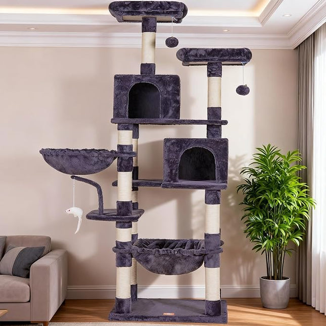 Heybly Cat Tree with Toy,70 inches Cat Tower condo for Indoor Cats, Cat House with Padded Plush Perch, Cozy Hammock and Sisal Scratching Posts, Smoky Gray HCT032G
