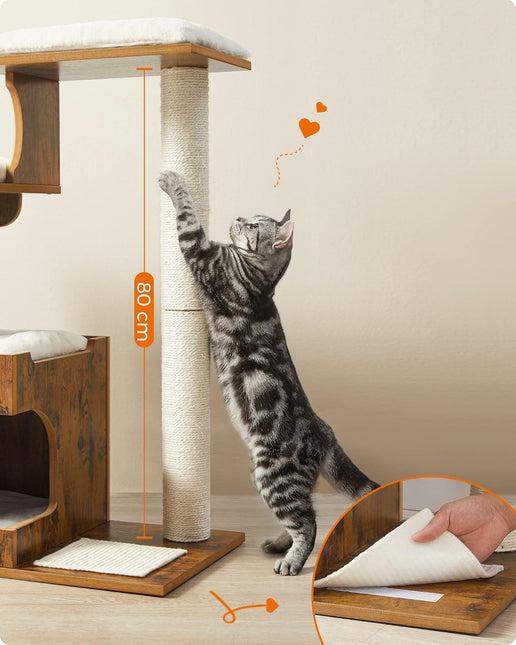 Feandrea Cat Tree, 86 cm Modern Cat Tower with Cat Cave, 3 Perches, Scratching Post and Mat, Removable Washable Plush Cushions, Vintage Brown