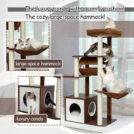 PAWZ Road Cat Tree Cat Scratching Post with a Large Hammock Play Tower, Play Tunnel Wooden Furniture Cat Stand 130cm Brown