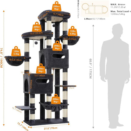 Heybly Cat Tree, 190cm Spacious & Tall Cat Tower for Large Cats, Smoky Gray HCT062G