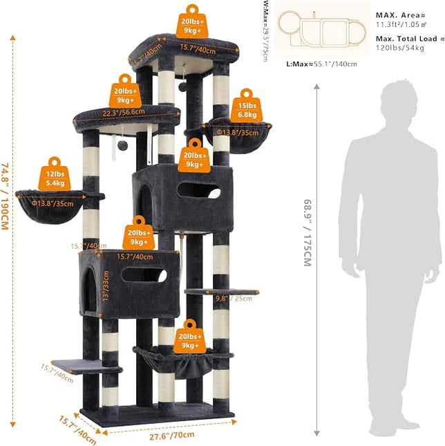 Heybly Cat Tree, 190cm Spacious & Tall Cat Tower for Large Cats, Smoky Gray HCT062G