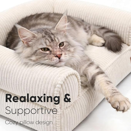 FUKUMARU Cat Couch Bed, Corduroy Cozy Cat Bed for Indoor Cats with Removable Washable Cover, Supportive Anti-Slip Dog Beds Sofa for Small Dogs Cute, 27inch, Medium, Cream