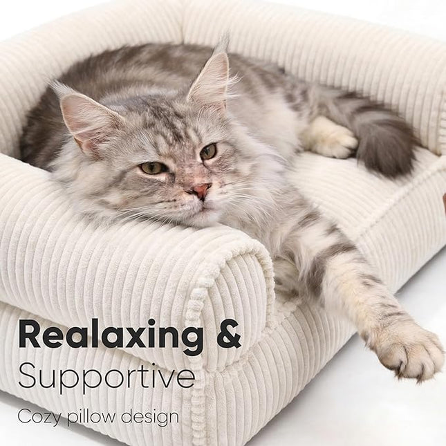 FUKUMARU Cat Couch Bed, Corduroy Cozy Cat Bed for Indoor Cats with Removable Washable Cover, Supportive Anti-Slip Dog Beds Sofa for Small Dogs Cute, 27inch, Medium, Cream