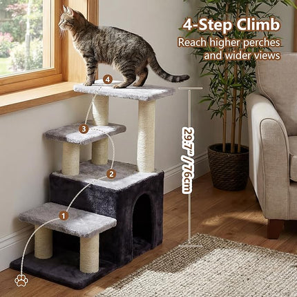 Heybly Cat Scratching Post, Sturdy Pet Stairs & Steps for Indoor Cats and Dogs, Small Cat Tree with Cat Condo,Light Gray