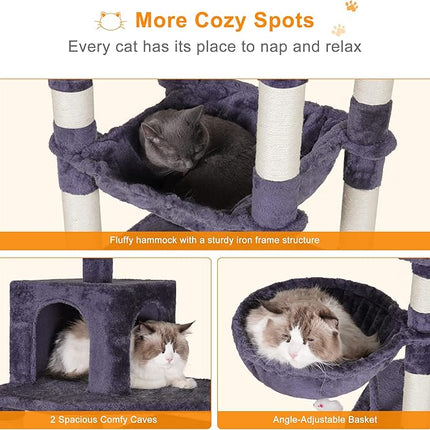 Heybly Cat Tree with Toy,70 inches Cat Tower condo for Indoor Cats, Cat House with Padded Plush Perch, Cozy Hammock and Sisal Scratching Posts, Smoky Gray HCT032G