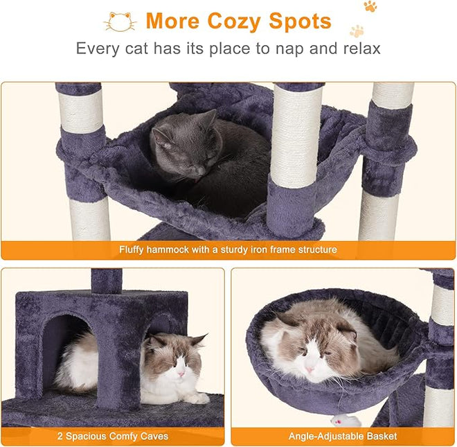 Heybly Cat Tree with Toy,70 inches Cat Tower condo for Indoor Cats, Cat House with Padded Plush Perch, Cozy Hammock and Sisal Scratching Posts, Smoky Gray HCT032G