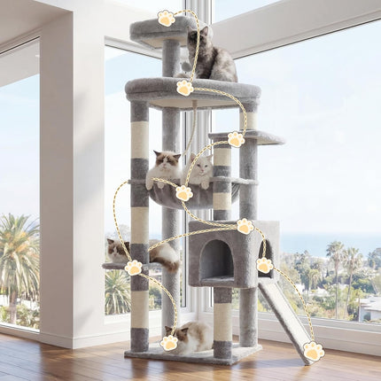 Heybly Heavy Duty Cat Tree, 64.2-Inch Tall Tower for Large Indoor Cats with Widened Structure,Extra-Large Hammock, Light Gray HCT027W