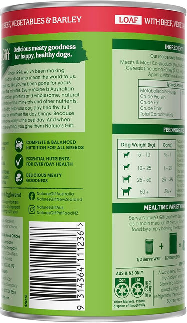 Nature's Gift Adult Wet Dog Food in Can, Loaf with Beef, Vegetables & Barley 12x700g