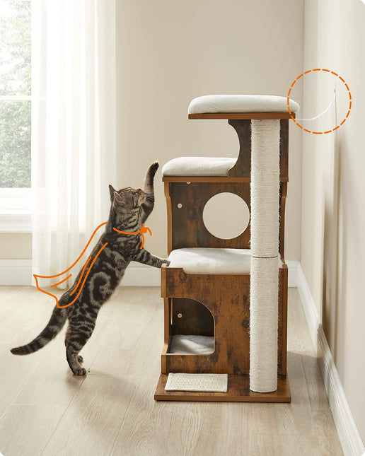 Feandrea Cat Tree, 86 cm Modern Cat Tower with Cat Cave, 3 Perches, Scratching Post and Mat, Removable Washable Plush Cushions, Vintage Brown