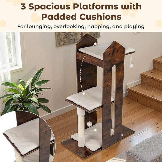 Costway 120 CM Modern Cat Tree for Indoor Cats, Wooden Kitten Tower Cat Condo w/Sisal Scratching Posts, Hanging Balls, Removable Washable Plush Cushions, Perch, Multi-Level Pet Climbing Furniture