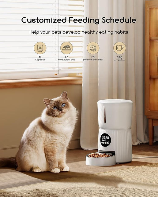 Faroro 4L/17 Cups Automatic Cat Feeder 1-6 Meals Per Day, 30s Voice Recording, Dual Power Supply for Cats and Small Dogs