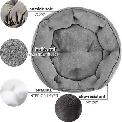 Small Dog Bed for Cats and Small Dogs, Grey Soft Velvet Pet Bed with Microfiber Fleece