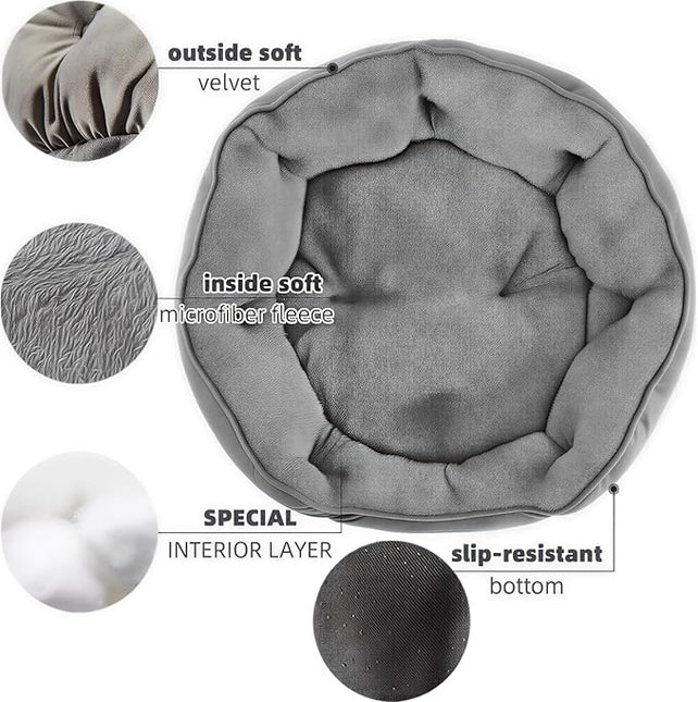 Small Dog Bed for Cats and Small Dogs, Grey Soft Velvet Pet Bed with Microfiber Fleece
