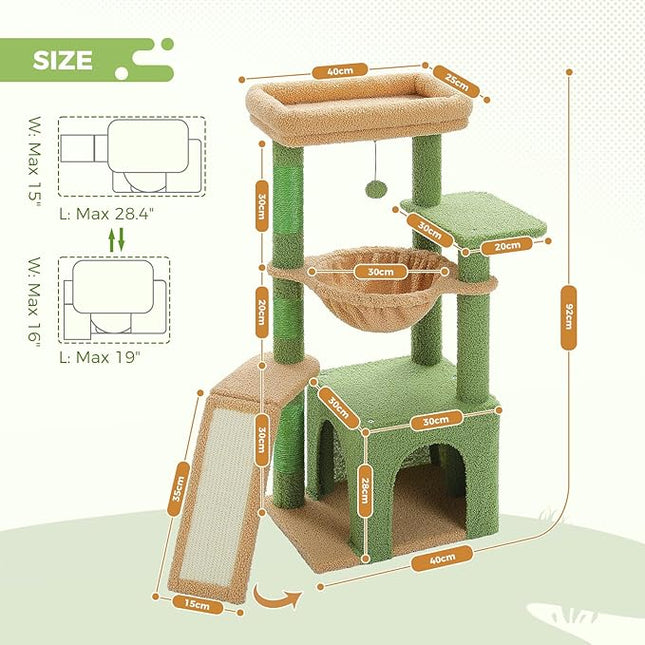 PAWZ Road Cactus Cat Tree for Indoor Cats, 92cm Cat Tower with 3 Scratching Post, Green