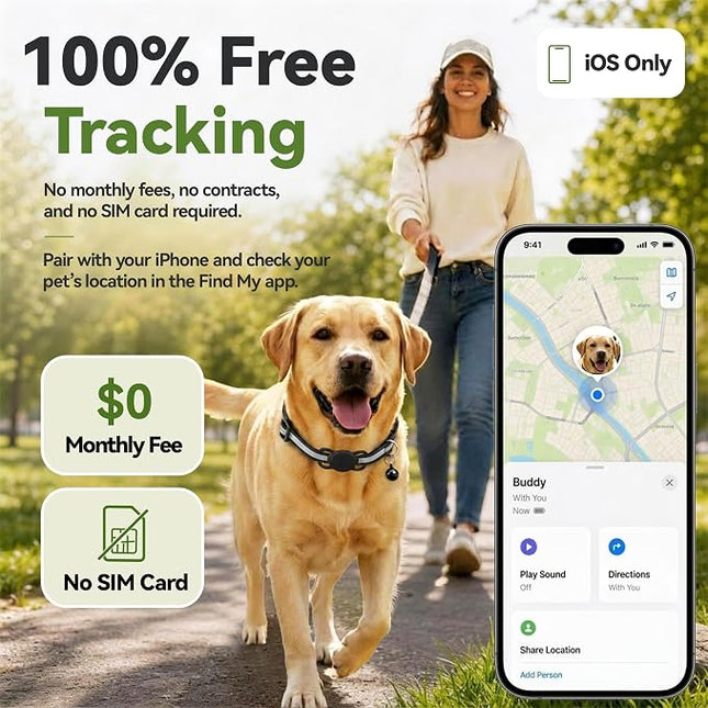 Dog Tracker, GPS Tracker for Dogs with Real-Time Location Tracking, No Monthly Fee or SIM, IP68 , iOS Only (Black)