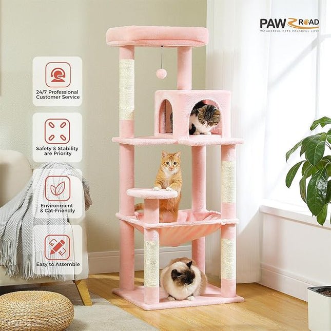 PAWZ Road Cat Tree 143cm Cat Scratching Post Multi-Level Play Tower with a Large Hammock and Top Perch Home Pet Furniture Light Pink