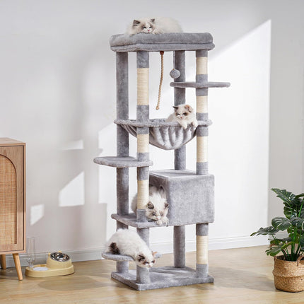 Heybly HCT050W Cat Scratching Post with Blankets for Large Cat Tree Large Platforms Cave 50 x 50 x 153cm Light Grey