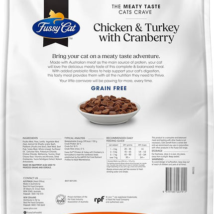 Fussy Cat Grain Free Adult Dry Cat Food, Chicken & Turkey with Cranberry 10Kg - Australian Made