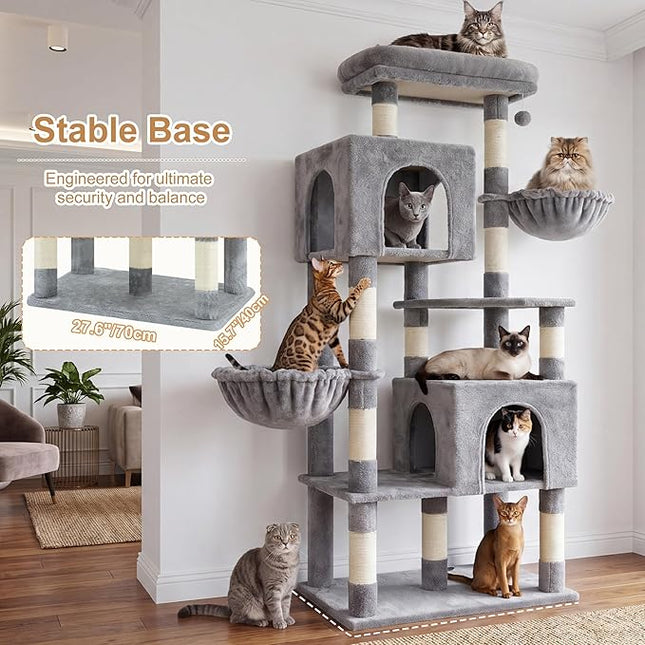 Heybly 173cm Cat Tree with Oversized Top Platform & Wide Base, Heavy Duty Cat Tower for Large Indoor Cats with 2 Condos, 2 Hammocks, 10 Sisal Scratching Posts,Light Gray HCT059W
