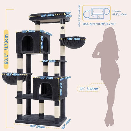 Heybly 173cm Heavy Duty Cat Tower for Large Indoor Cats with 2 Condos, 2 Hammocks, 10 Sisal Scratching Posts, Smoky Gray HCT059G