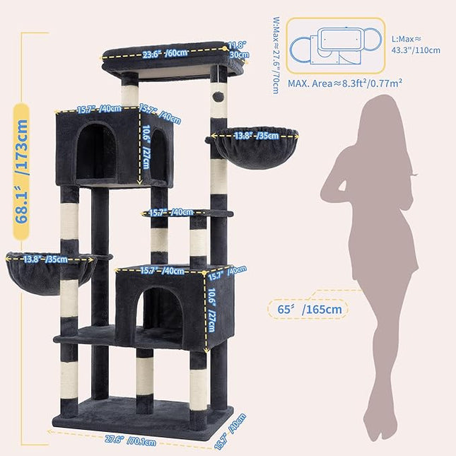 Heybly 173cm Heavy Duty Cat Tower for Large Indoor Cats with 2 Condos, 2 Hammocks, 10 Sisal Scratching Posts, Smoky Gray HCT059G