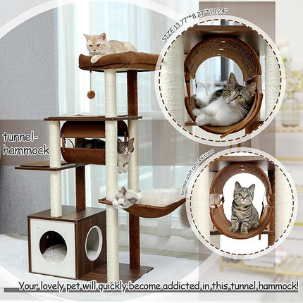 PAWZ Road Cat Tree Cat Scratching Post with a Large Hammock Play Tower, Play Tunnel Wooden Furniture Cat Stand 130cm Brown