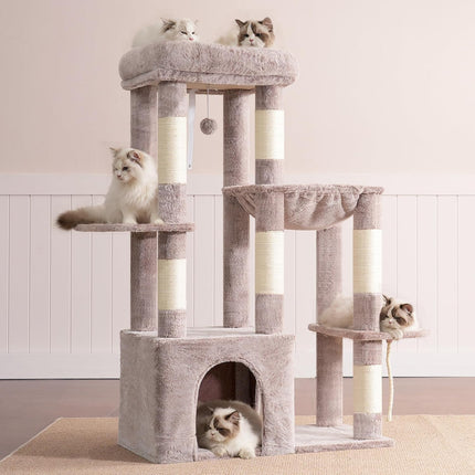 Heybly Heavy Duty Cat Tree, Tower for Indoor Cats Large Adult, Tall Cat Condo House with Extra-Large Baseboard, Multi-Level Plush Furniture with Scratching Posts, Hammock,Toy Balls,Muchroom HCT026MU