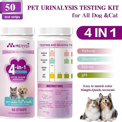 Dog & Cat Urine Test Strips, 4-in-1 Pet Urinalysis Testing Kit for Ketone, Glucose, pH and Nitrite, Reagent Strips for Vet Diabetes & UTI Monitor, 50ct Urine Test Kit Easy to Use at Home