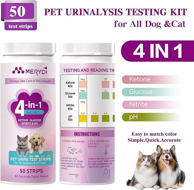 Dog & Cat Urine Test Strips, 4-in-1 Pet Urinalysis Testing Kit for Ketone, Glucose, pH and Nitrite, Reagent Strips for Vet Diabetes & UTI Monitor, 50ct Urine Test Kit Easy to Use at Home