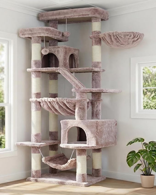 Heybly Cat Tree, 180 cm-Tall Tower for Indoor Cats with 2 Perches, 2 Big Condos, 2 Hammocks, Mushroom