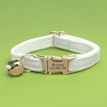 Customized Soft Artificial Velvet Cat Collar, Personalized Cat Tag, Laser Engraved Metal Button Cat Collar, Neck Circumference 16-26 CM, (White-S)