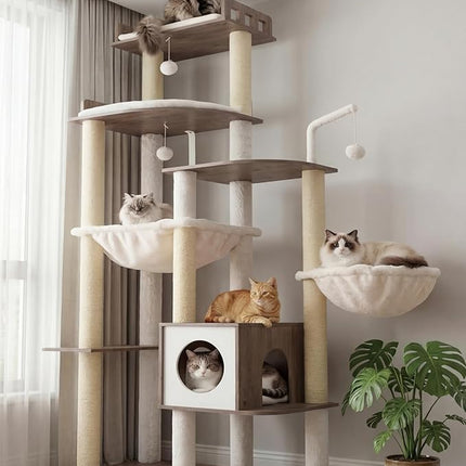 Heybly Cat Tree, 70.5" Wood Tall Cat Tower for Large Indoor Cats HCT121SG | Modern Cat Furniture with Extra Stable Structure, Smoky Gray