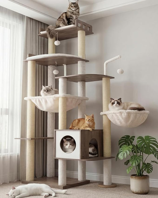 Heybly Cat Tree, 70.5" Wood Tall Cat Tower for Large Indoor Cats HCT121SG | Modern Cat Furniture with Extra Stable Structure, Smoky Gray