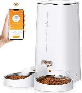 ROJECO Automatic Cat Feeder for 2 Bowls, 4L WiFi App Automated Washable Feeder Cat Food with Timer & Stainless Steel Bowl