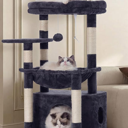 Heybly Cat Tree, Kitten Tower with Large Soft Cat Basket HCT008SG | Cat Condo with Spacious Cat Bed Cave with Hidden Space, Sisal Scratching Posts, Dangling Ball for Indoor Cats, Smoky Gray