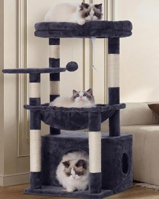 Heybly Cat Tree, Kitten Tower with Large Soft Cat Basket HCT008SG | Cat Condo with Spacious Cat Bed Cave with Hidden Space, Sisal Scratching Posts, Dangling Ball for Indoor Cats, Smoky Gray