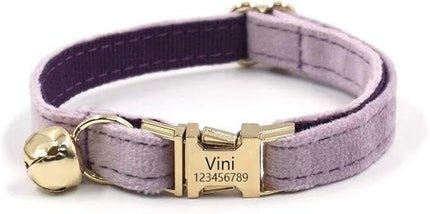Customized Soft Artificial Velvet Cat Collar, Personalized Cat Tag, Laser Engraved Metal Button Cat Collar, Neck Circumference 16-26 CM, (Lavender-S)