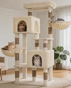 Heybly 173cm Cat Tower for Large Indoor Cats with 2 Condos, 2 Hammocks, 10 Sisal Scratching Posts,Beige HCT059MJ