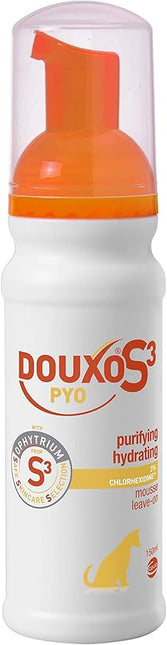 DOUXO S3 PYO Mousse | Waterless Antibacterial & Anti-Yeast Mousse For Dogs | Leave-On DOUXO S3-PYO Mousse | Chlorhexidine For Dogs | No Rinse No Bath Mousse For Dogs | Hypoallergenic Fragrance | 150ml