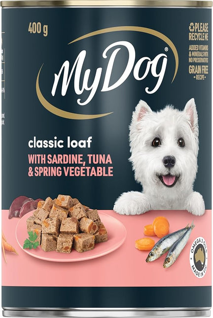 MY DOG Adult Wet Dog Food Sardines, Tuna and Spring Vegetable 400g Can, 24 Pack