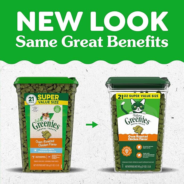 Feline GREENIES Natural Dental Care Cat Treats Oven Roasted Chicken Flavor, 21 oz. Tub