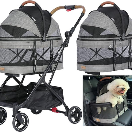 ROODO 2026 Upgraded Version 3-in-1 Dog Cat Stroller with Detachable Carrier Folding Lightweight Portable Travel Pet Gear All-Terrain Puppy Doggie Kitty Bunny Stroller for 35 lbs(Grey Lattice)