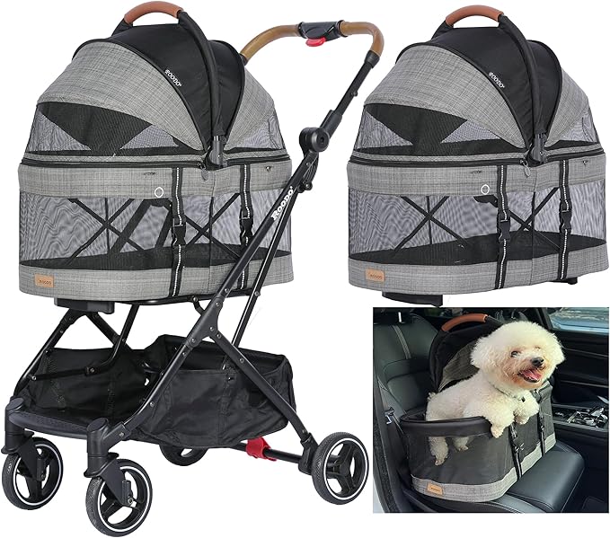 ROODO 2026 Upgraded Version 3-in-1 Dog Cat Stroller with Detachable Carrier Folding Lightweight Portable Travel Pet Gear All-Terrain Puppy Doggie Kitty Bunny Stroller for 35 lbs(Grey Lattice)