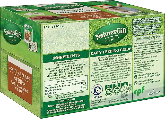 Nature's Gift Adult Wet Dog Food, Strips with Kangaroo in Gravy 6x100g (Pack of 2)