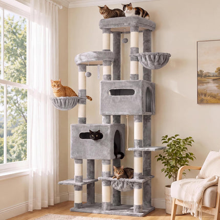 Heybly Cat Tree, 74.8-Inch Spacious & Tall Cat Tower for Large Cats,2 Cat Condos, Hanging Hammock, Light Gray