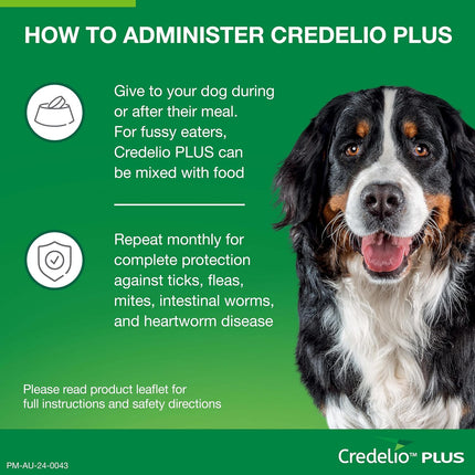 Credelio Plus Dog Flea and Tick Treatment, Single Pack, Ticks, Fleas, Mites, Heartworm & Worms Parasite Protection, in The Smallest Monthly Chewable Tablet for Dogs > 11-22 kg, 1 Pack